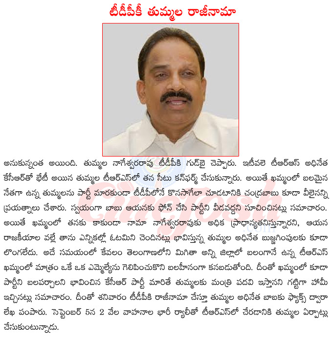 thumalla nageshwar rao resigning tdp,thumalla nageshwar rao joning trs,thumalla nageshwar rao meeting woth trs,thumalla nageshwar rao vs nama nageshwrarao,minister thumalla nageshwar rao  thumalla nageshwar rao resigning tdp, thumalla nageshwar rao joning trs, thumalla nageshwar rao meeting woth trs, thumalla nageshwar rao vs nama nageshwrarao, minister thumalla nageshwar rao